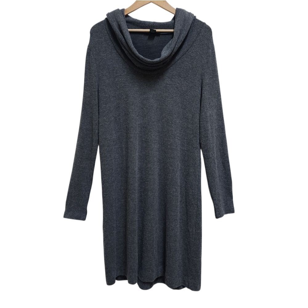 Joan Vaas Gray Knit Hooded Cowl Neck Dress Sz XL Thumb Hole Pullover Lagenlook
